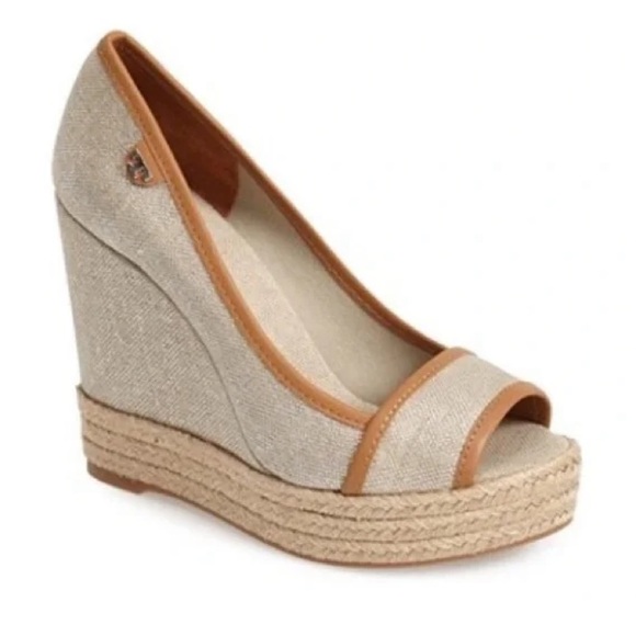 Tory Burch Shoes - Tory Burch Majorca Logo Peep Toe Wedges  in Plata/Royal Tan Sz 38 Sz 7.5